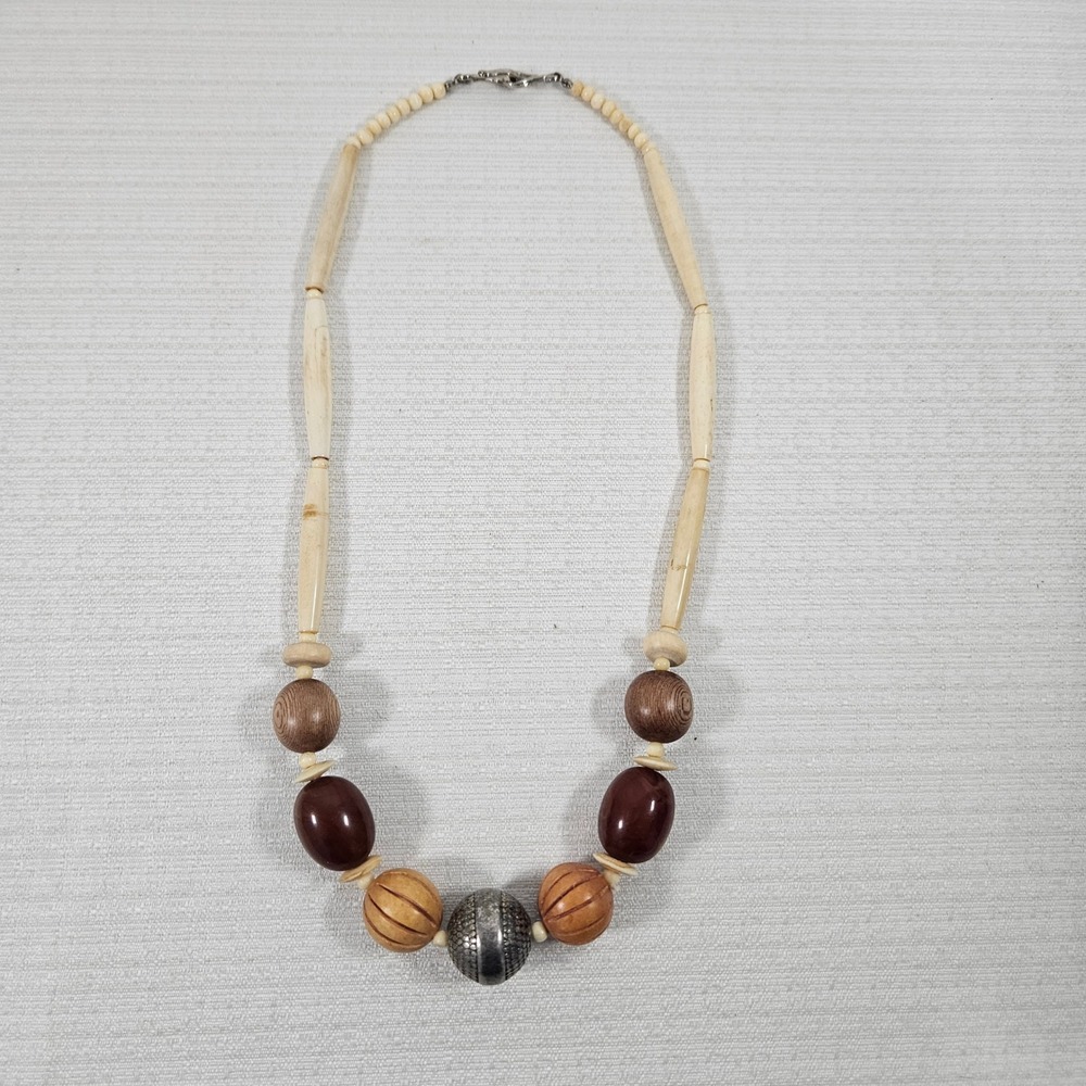 Vintage Mixed Media Wood Bone and Metal Bead Chunky Necklace Brown boho natural